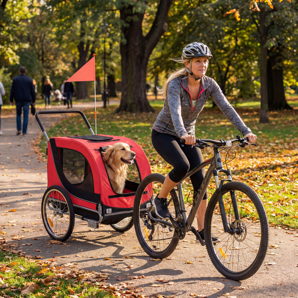 Dog bike trailer in red with breathable mesh windows, attached to a bike, perfect for outdoor adventures with pets.