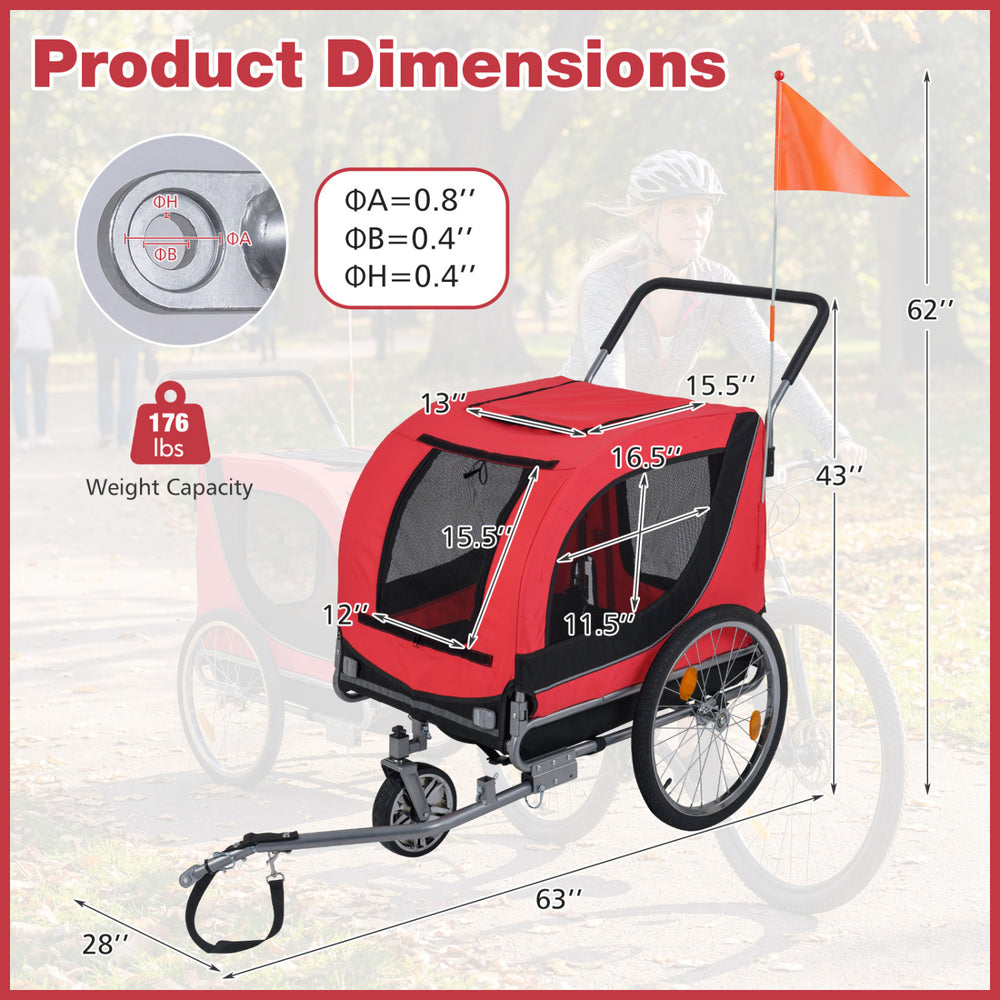 Dimensions of the 2-in-1 dog bike trailer in red, featuring a foldable frame and breathable mesh windows for pet.