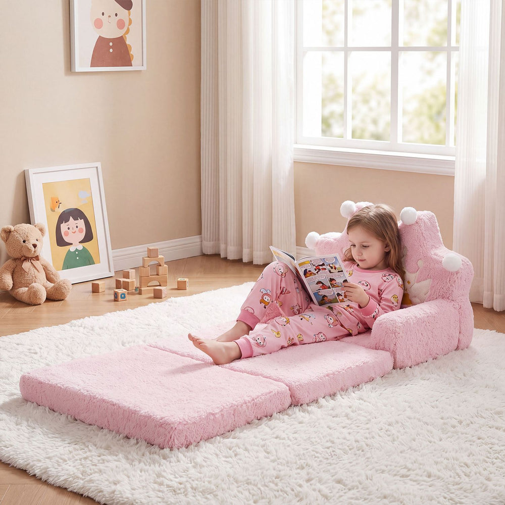 Foldable pink kids sofa bed with removable slipcover, perfect for lounging or reading, featuring soft cotton velvet.