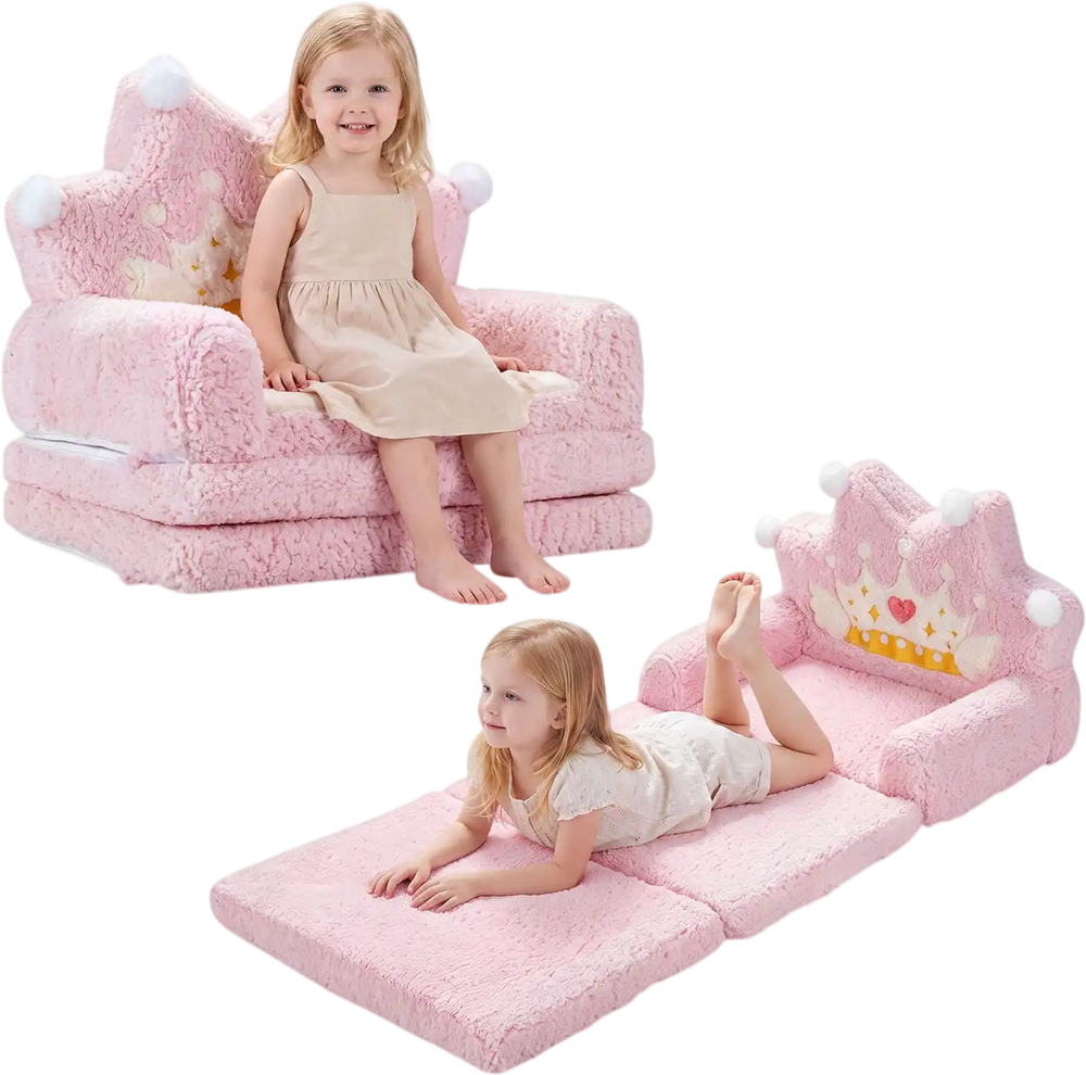 Foldable pink kids sofa bed with crown design, featuring a removable slipcover for easy cleaning and cozy lounging.