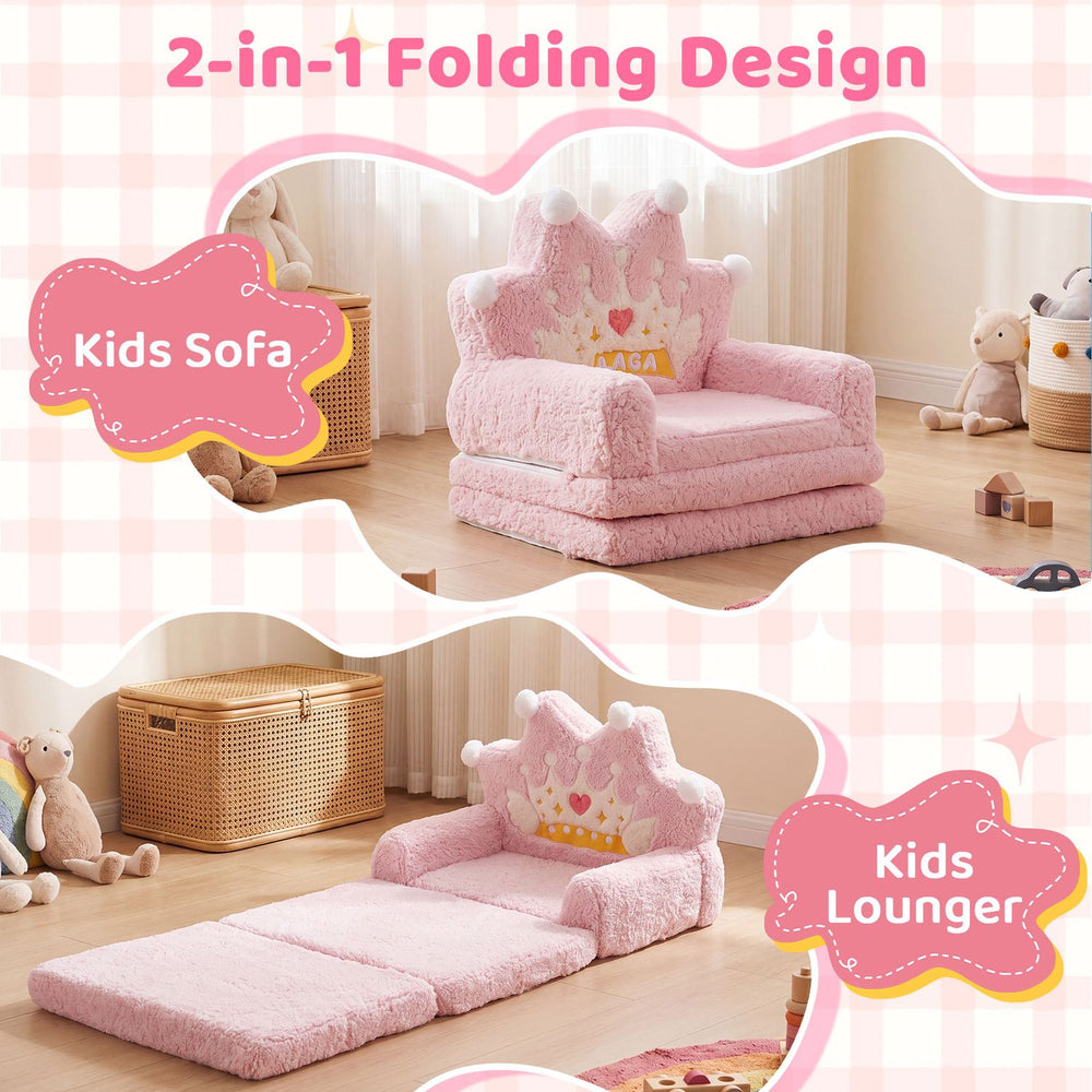 Kids 2-in-1 foldable sofa bed in pink with removable cover, perfect for lounging or reading in a cozy space.