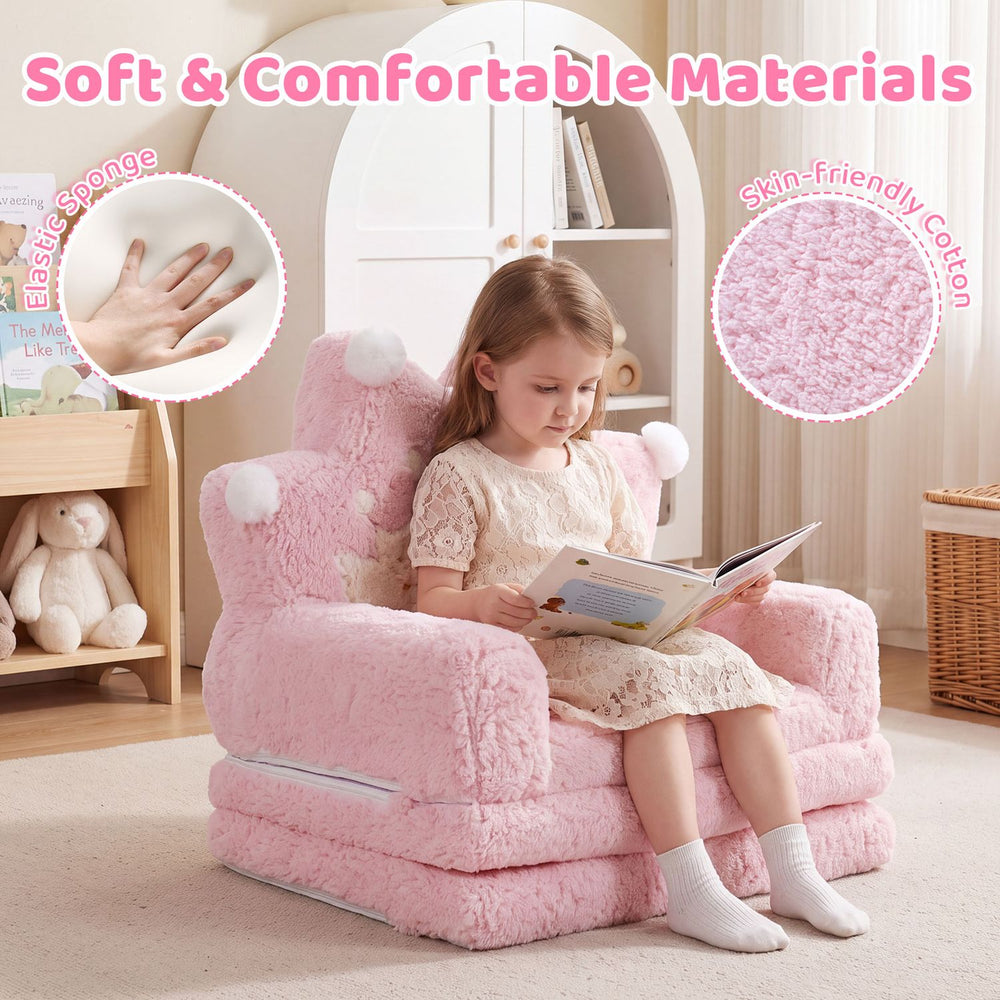 Foldable pink kids sofa bed with soft cotton velvet and elastic sponge, perfect for reading and lounging.