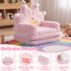 Foldable kids sofa bed in pink features a crown design, comfy armrests, and a back storage pocket for toys.