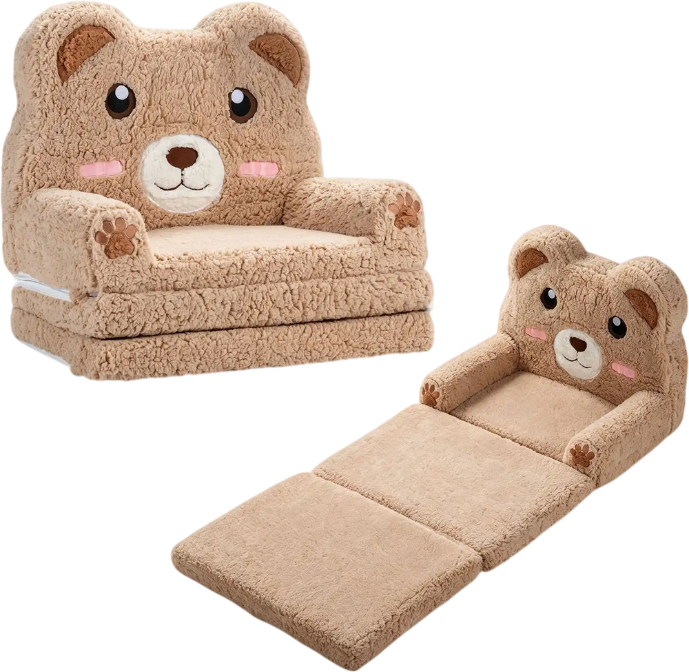 Foldable 2-in-1 kids sofa bed in bear design, featuring soft cotton velvet and a cozy lounging area for toddlers.