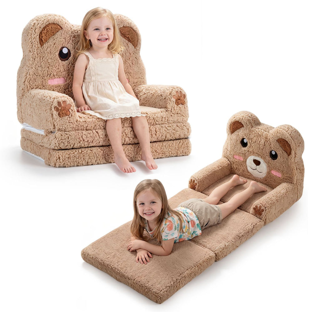 Kids 2-in-1 foldable sofa bed in bear design, featuring soft cotton velvet for cozy seating and lounging.