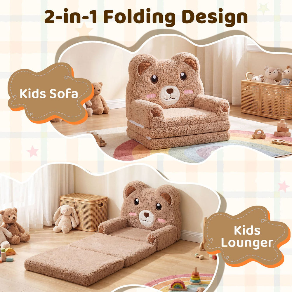 Kids sofa bed features a 2-in-1 foldable design with bear print, offering cozy seating and lounging for toddlers.