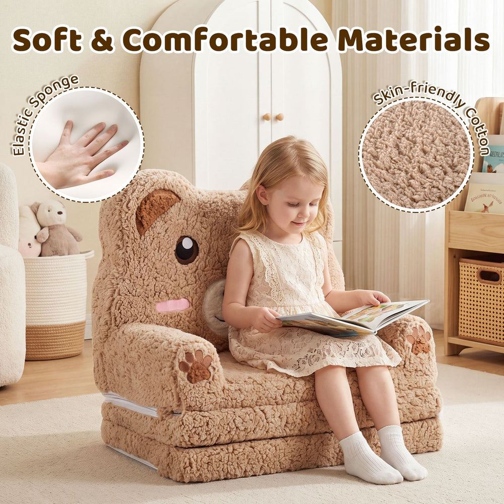 Cozy 2-in-1 foldable kids sofa bed in bear design, featuring soft cotton velvet and elastic sponge for comfort and support.