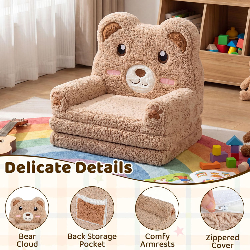 Kids 2-in-1 foldable sofa bed in bear design features comfy armrests, back storage pocket, and washable slipcover.