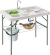 Folding fish cleaning table with double sinks, heavy-duty metal frame, ideal for camping and picnics.