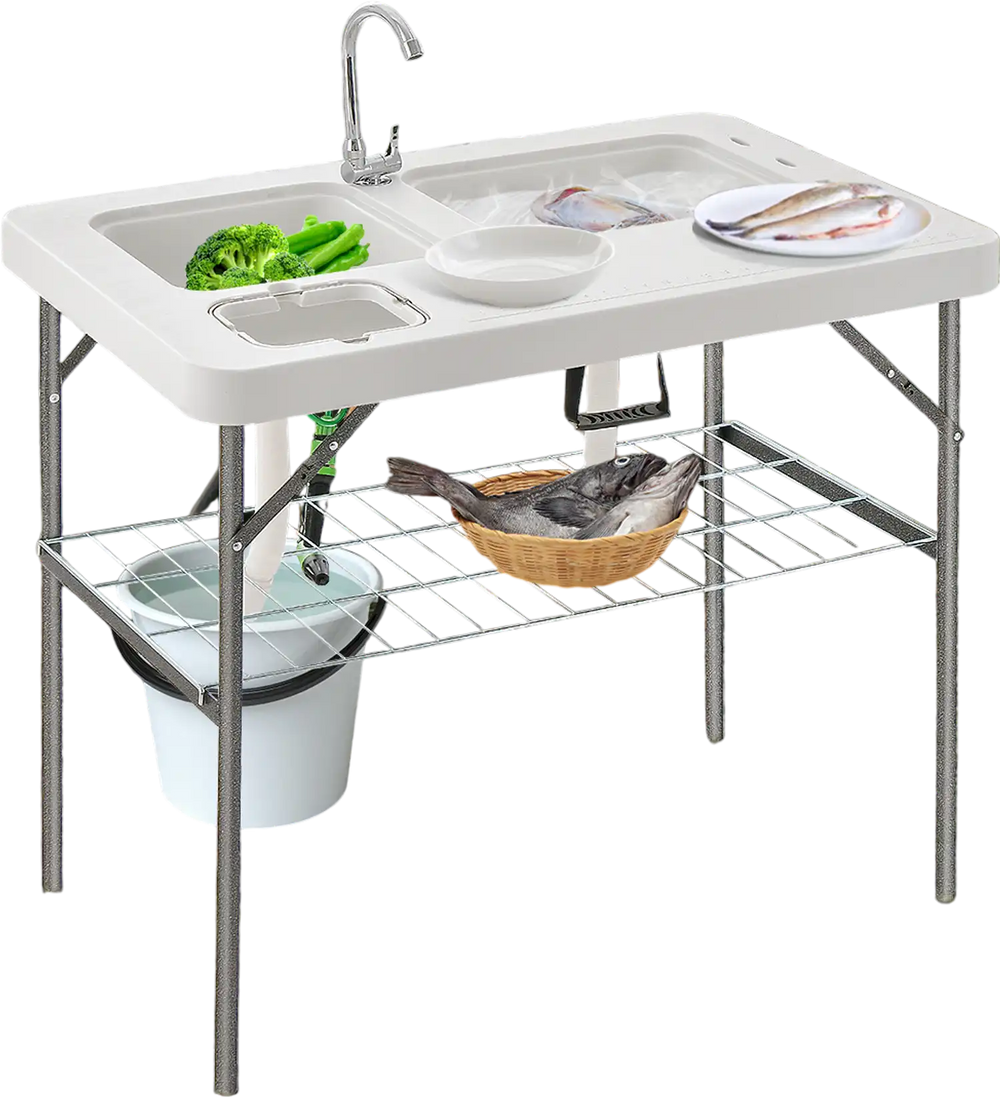 Folding fish cleaning table with double sinks, heavy-duty metal frame, ideal for camping and picnics.