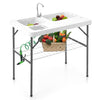 Folding fish cleaning table with double sinks, 360° rotatable faucet, and bottom shelf for camping and picnics.