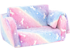 Cozy 2-in-1 folding kids couch in multicolor flannel with glow-in-the-dark design, perfect for playtime and napping.