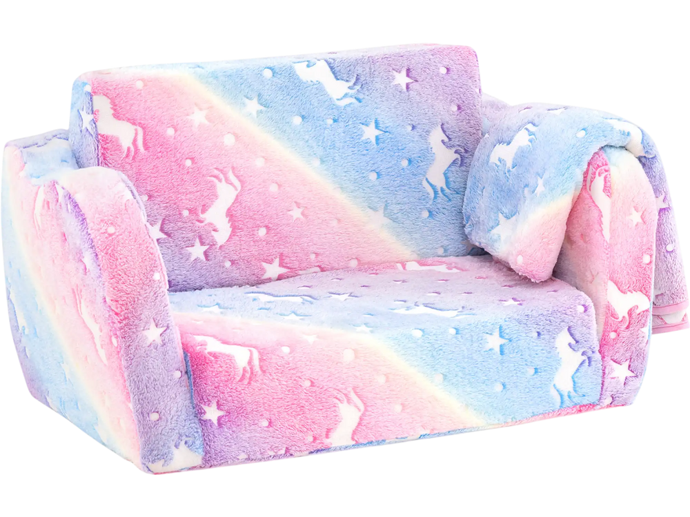 Cozy 2-in-1 folding kids couch in multicolor flannel with glow-in-the-dark design, perfect for playtime and napping.