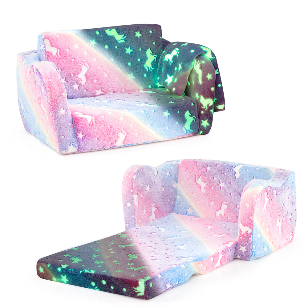 2-in-1 folding kids couch in multicolor with glow-in-the-dark design, converts to lounger for cozy playtime and napping.