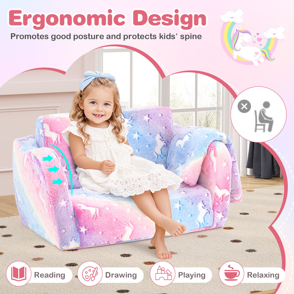 Kids couch with blanket in multicolor, ergonomic design promotes good posture, perfect for reading and relaxing.
