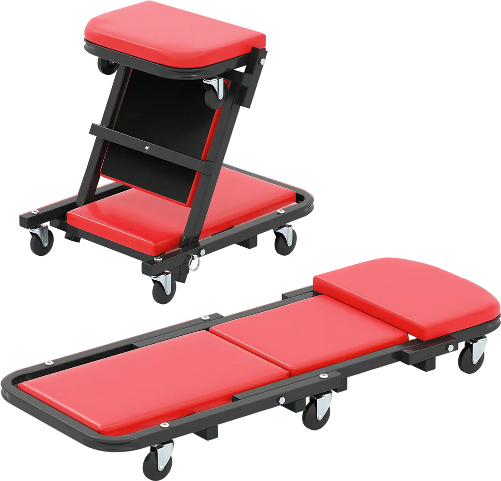 2-in-1 folding mechanic creeper in red, convertible between stool and flat creeper, with padded seat and 6 wheels.