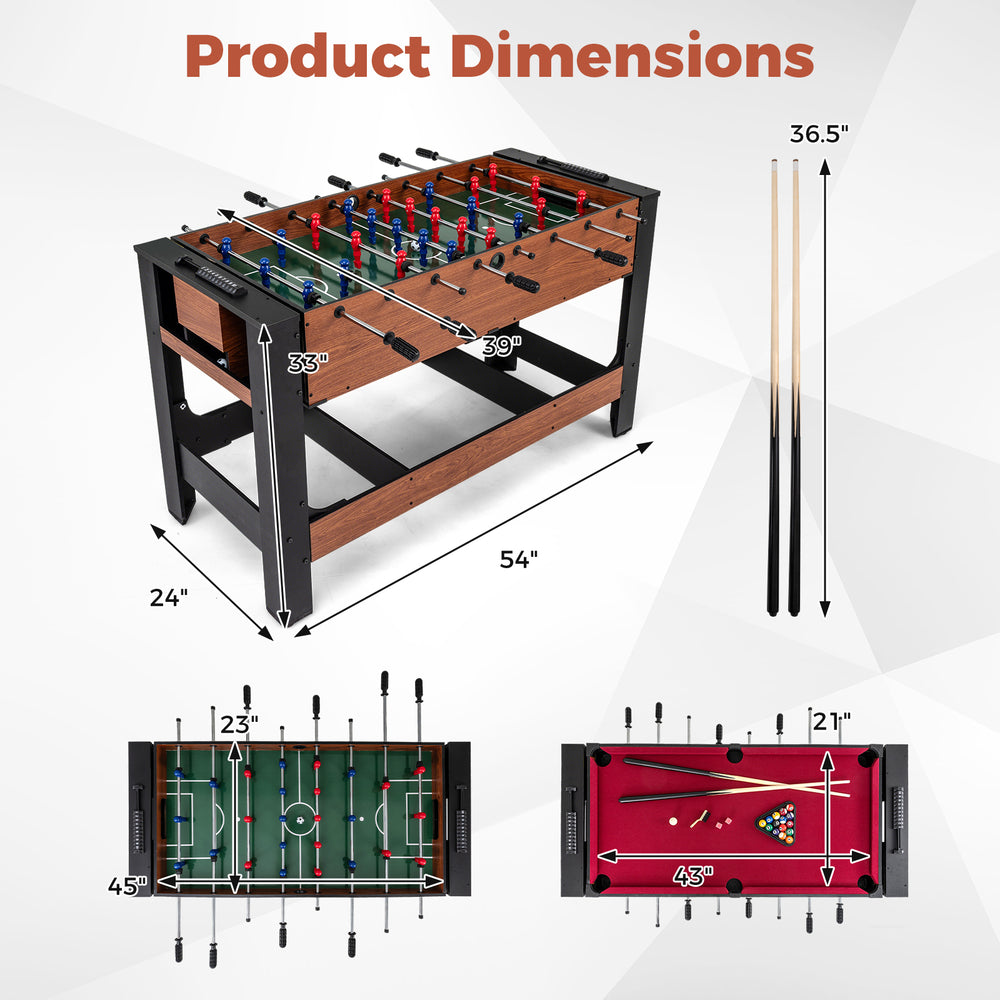 2-in-1 foosball and pool combo table dimensions with black and brown finish, featuring ergonomic handles and sturdy.