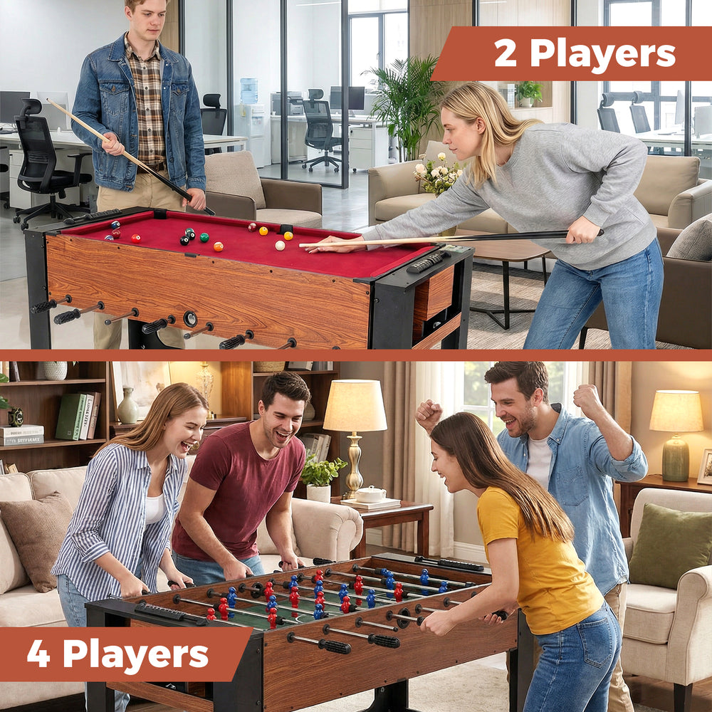 2-in-1 foosball and pool combo table with players enjoying games, featuring ergonomic handles and sturdy legs for.