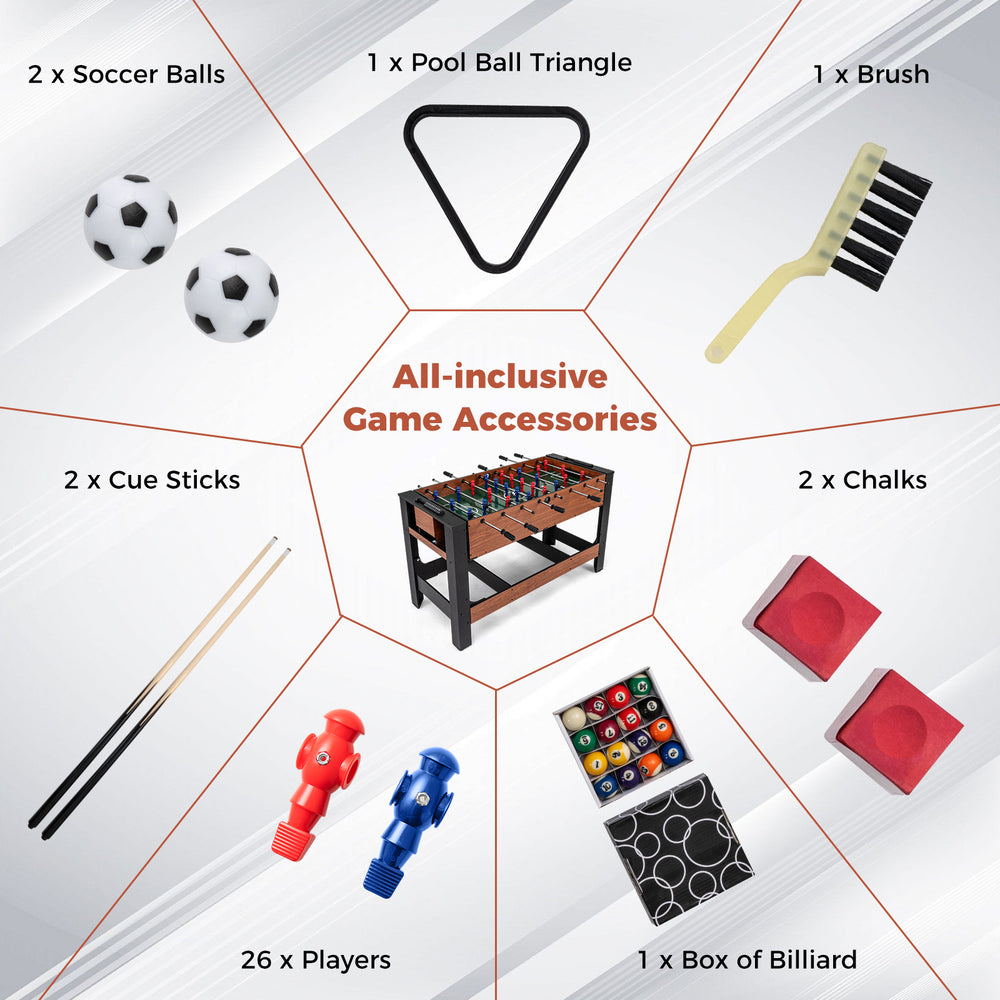 2-in-1 foosball and pool combo table with accessories, featuring ergonomic handles and sturdy legs for enhanced.