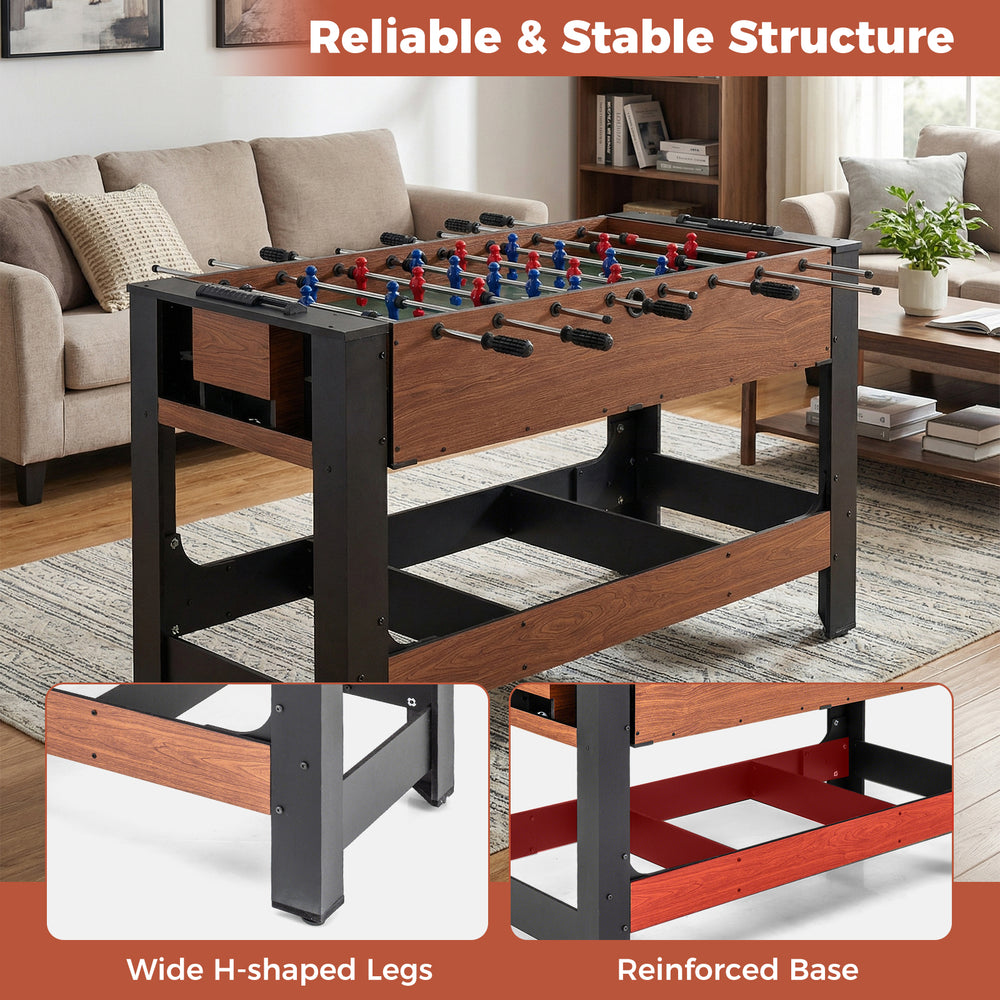 Full view of the 2-in-1 foosball and pool combo table with reinforced base and wide H-shaped legs for stability.