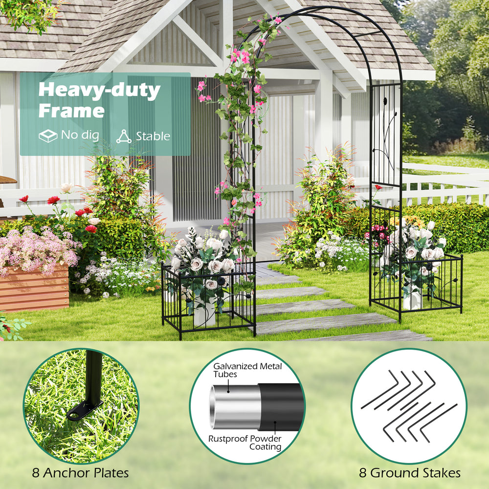 Garden arbor with side planters, black metal frame, designed for climbing plants and outdoor decor, includes 8 ground.