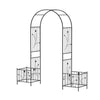 Garden arbor with two side planters, black metal design, ideal for climbing plants and outdoor decoration.