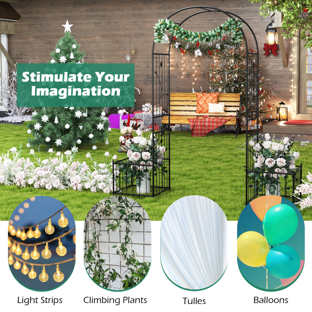 Black 2 in 1 garden arbor with side planters, ideal for climbing plants and outdoor decorations in gardens or patios.
