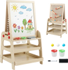 Kids art easel with magnetic whiteboard and marble run game, featuring removable tracks and sturdy A-shaped frame for creativity.