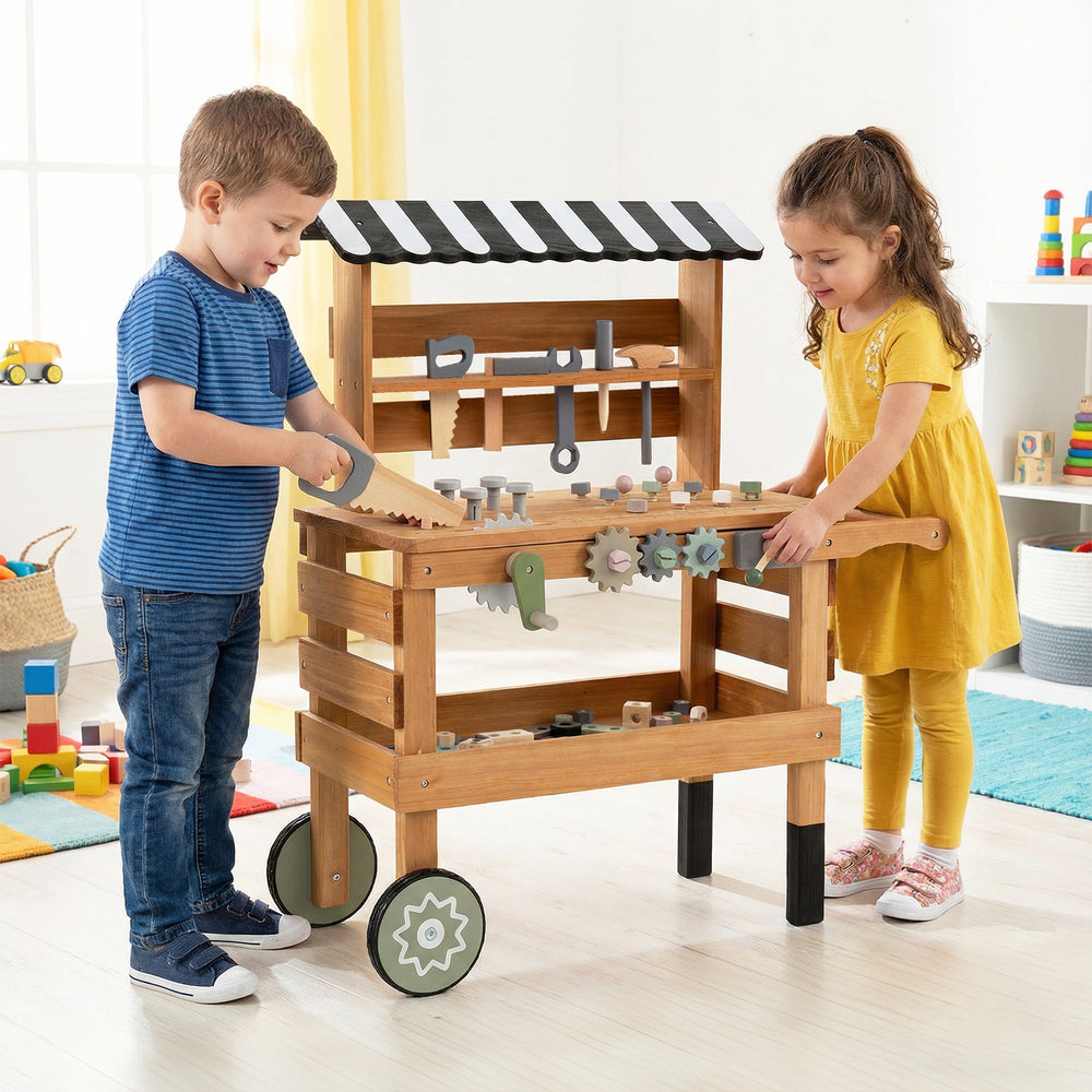 Kids playing with the 2-in-1 rolling cart featuring a workbench and construction tools for imaginative play.