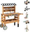 Kids rolling cart with play tools set in brown, featuring a workbench, wheels, and various accessories for construction.