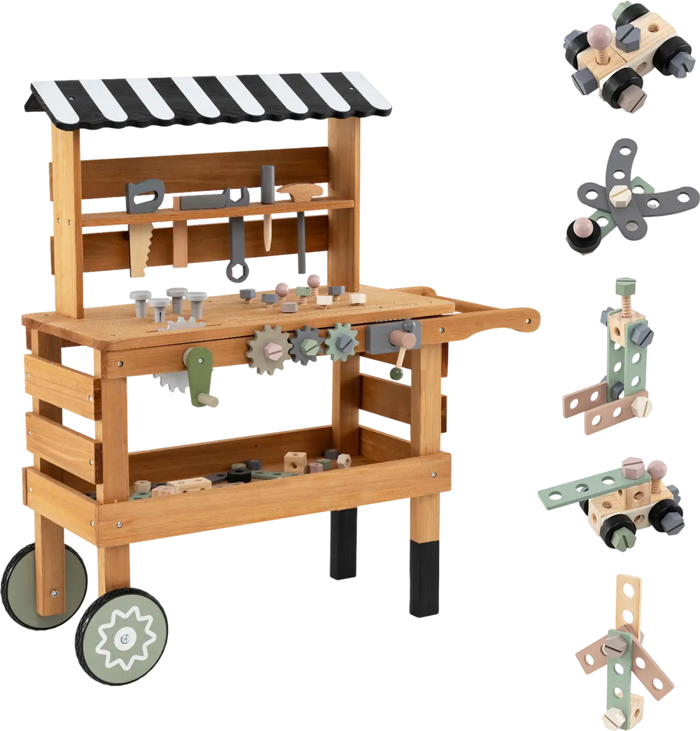 Kids rolling cart with play tools set in brown, featuring a workbench, wheels, and various accessories for construction.