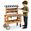 Kids rolling cart with play tools set in brown, featuring a workbench and accessories for imaginative construction play.