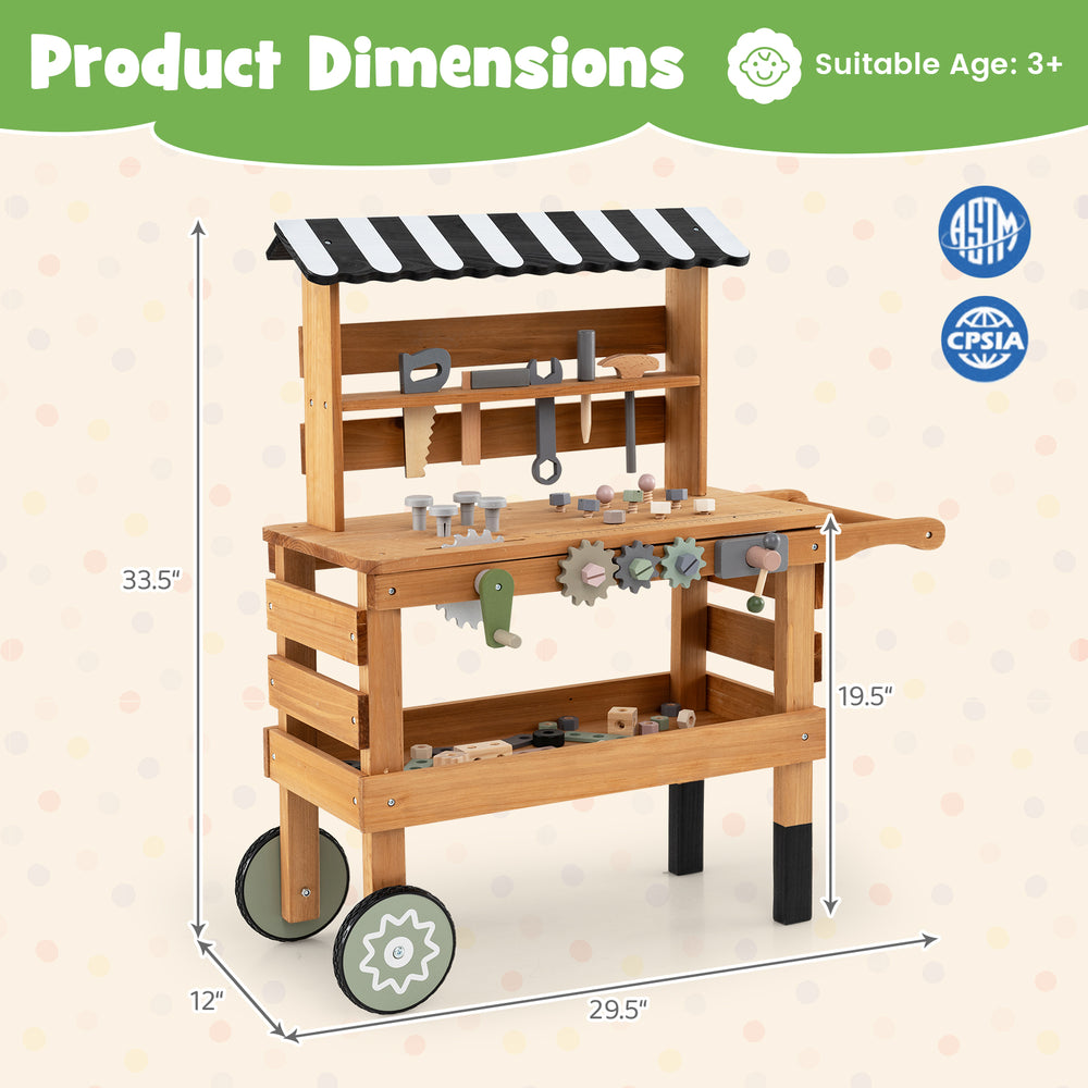 Kids rolling cart with play tools set, brown, featuring a workbench, tool rack, and smooth wheels for easy mobility.