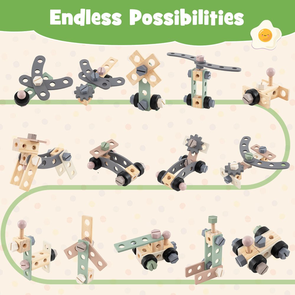 Colorful construction pieces showcasing endless possibilities for kids' imaginative play with tools and mobility.