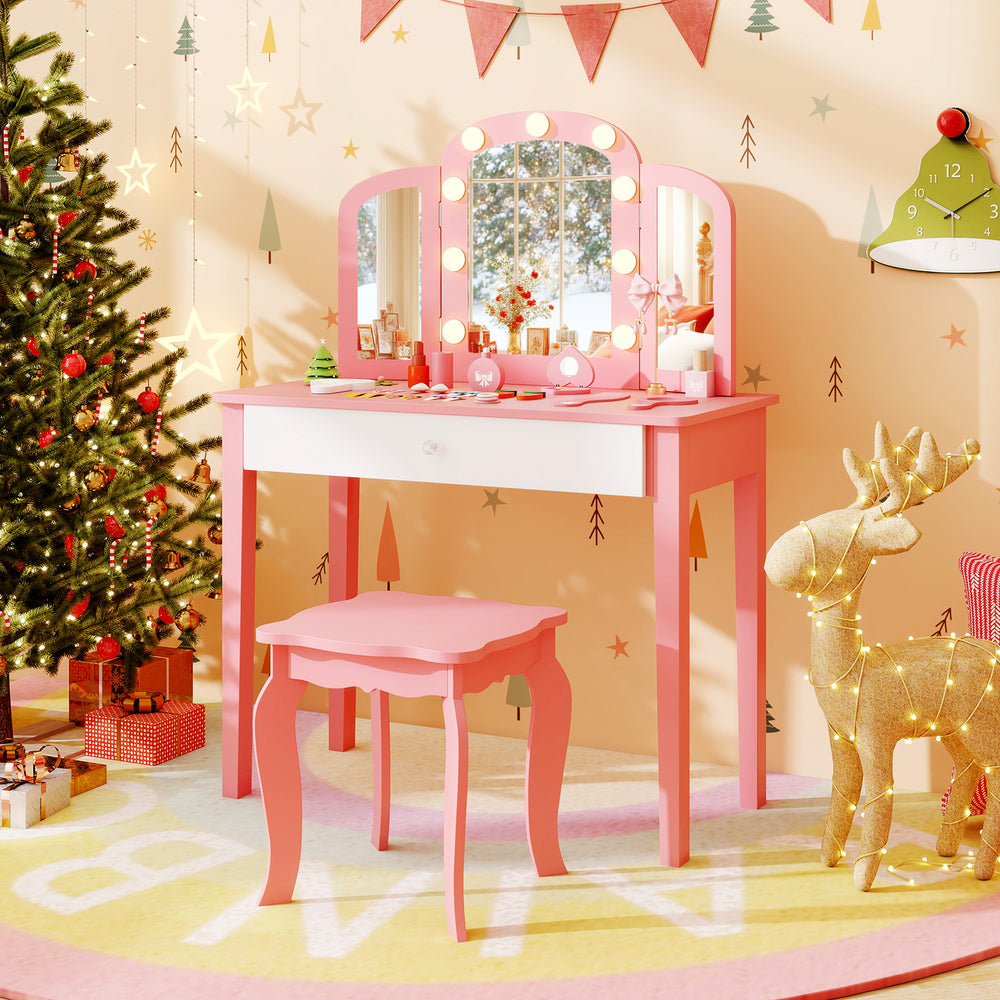 Kids vanity table set in pink with tri-fold mirror, lights, and sturdy legs for safe makeup play and study time.