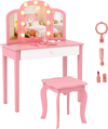 Kids vanity table set in pink with tri-fold mirror, lights, and makeup toys for imaginative play and organization.
