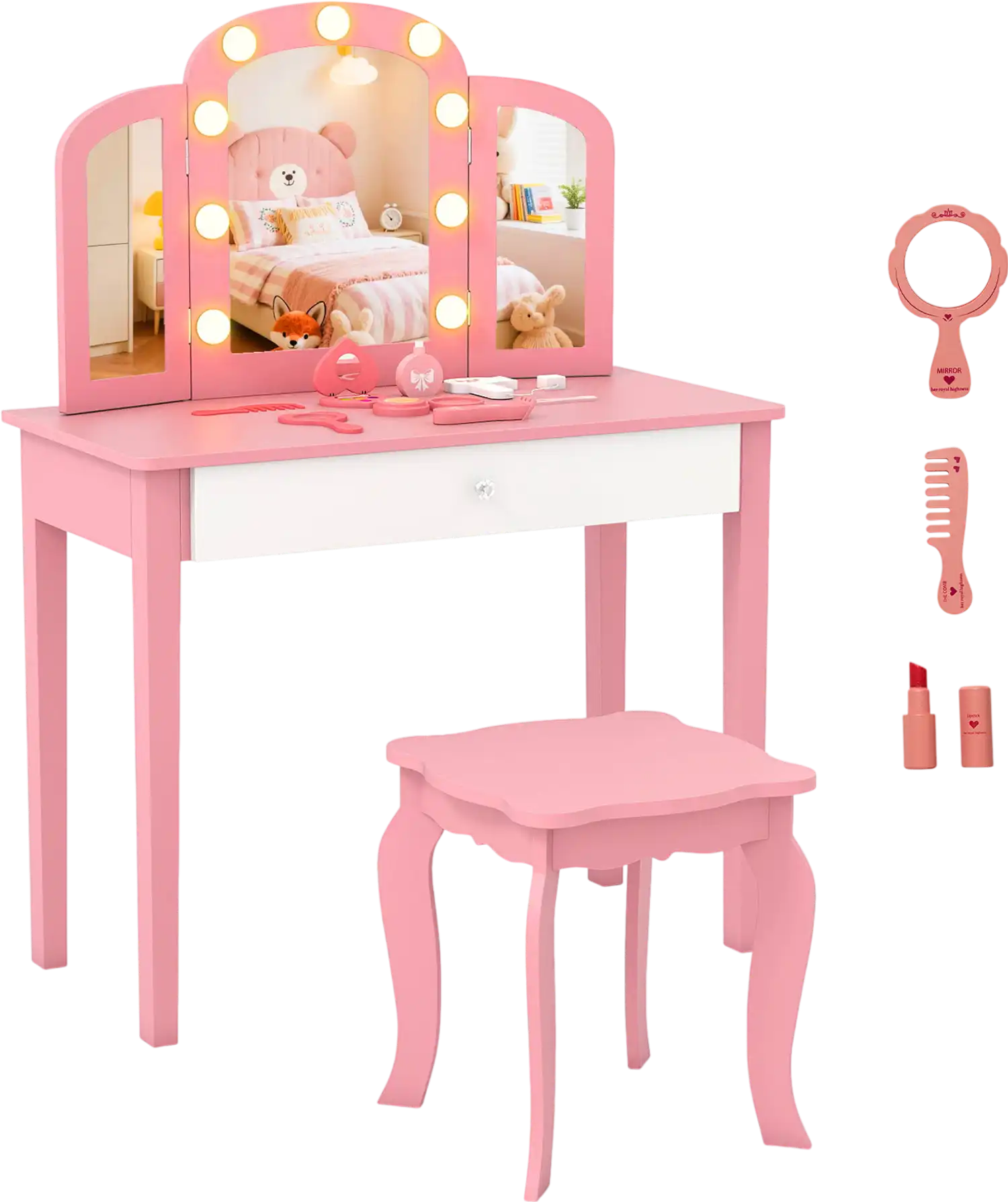 Costway 2-in-1 Kids Vanity Table Set w/ Tri-Folding Detachable Mirror & Lights 87083137 New
