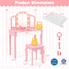 Kids vanity table set in pink with tri-fold detachable mirror, lights, and spacious drawer for toys and accessories.