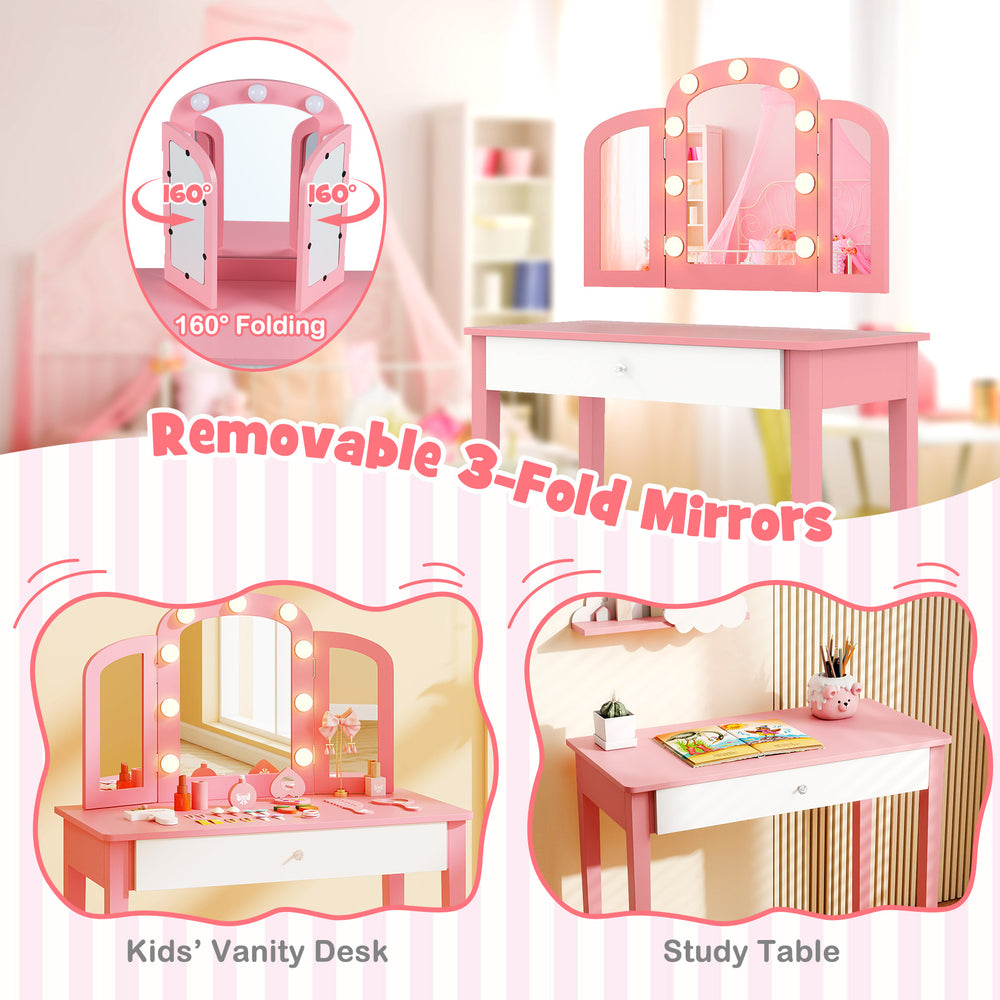 Tri-fold detachable mirror on pink kids vanity table with touch control lights and spacious drawer for organizing.