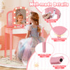Kids vanity table set in pink with tri-fold mirror, lights, and sturdy wood legs for safe makeup play and study time.