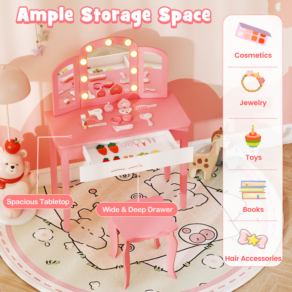 Kids vanity table set in pink with tri-fold mirror, lights, spacious tabletop, and wide drawer for toys and jewelry.