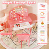 Kids vanity table set in pink with tri-fold mirror, lights, spacious tabletop, and wide drawer for toys and jewelry.