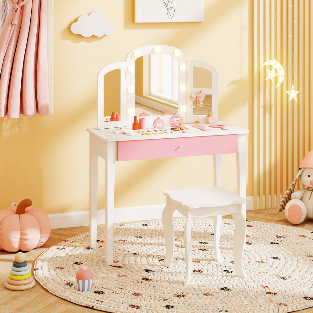2-in-1 Kids Vanity Table Set with Tri-Folding Detachable Mirror and Lights-White - Gallery View 1 of 10