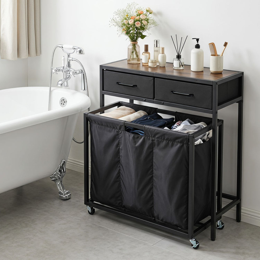 2-in-1 Laundry Basket Organizer with 2 Removable Fabric Drawers 3 Sections and Wheels-Rustic Brown - Gallery View 1 of 10