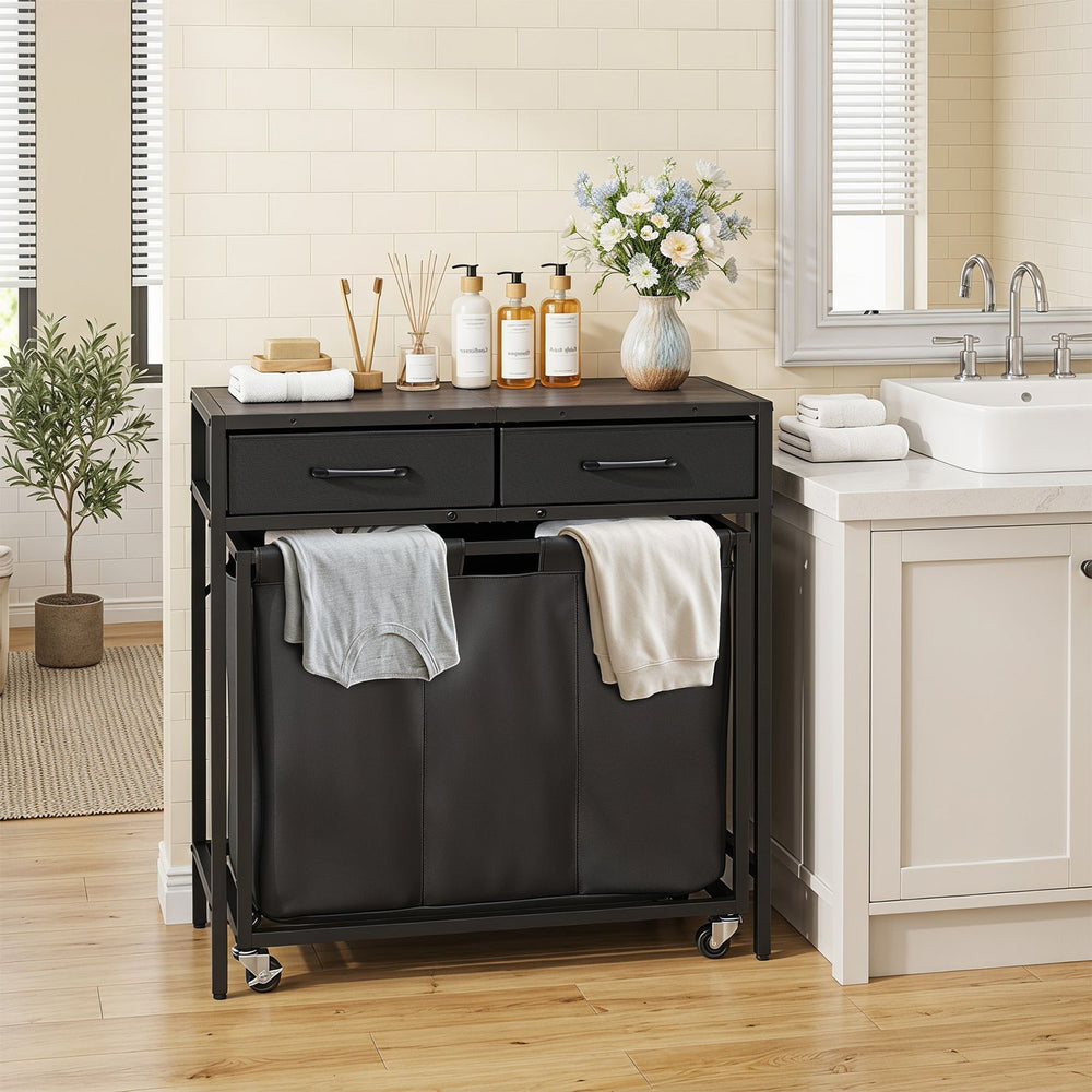 2-in-1 laundry basket organizer with removable fabric drawers, three sections, and wheels for easy mobility in any space.