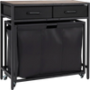 Laundry basket organizer with rustic brown top, featuring 2 removable fabric drawers and 3 sections on wheels for easy sorting.