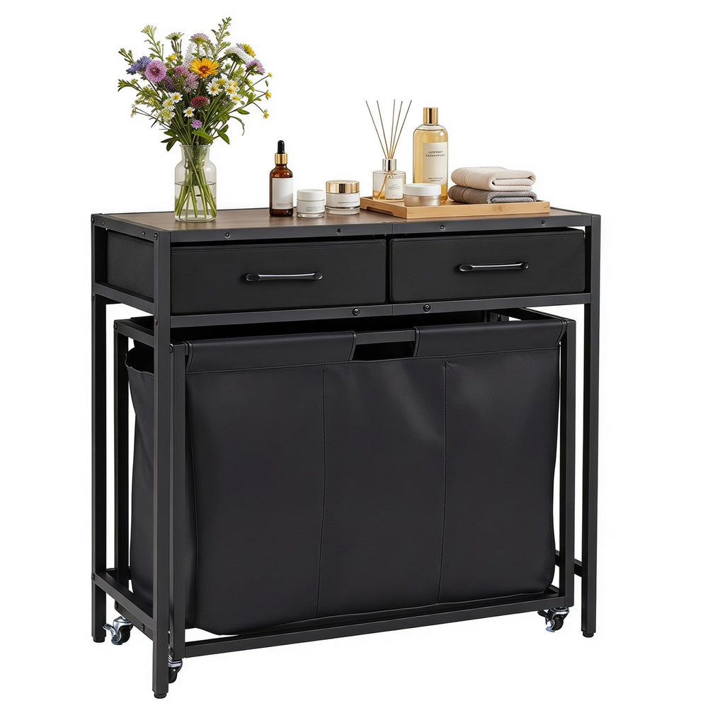 2-in-1 laundry basket organizer with rustic brown top, featuring 3 sections, 2 removable fabric drawers, and wheels for mobility.