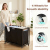 Laundry basket organizer with 3 sections, removable fabric drawers, and 4 wheels for easy mobility in rustic brown.