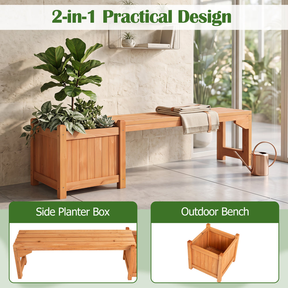 Outdoor bench with side planter box made of fir wood, seating up to 2 people, perfect for gardens and backyards.