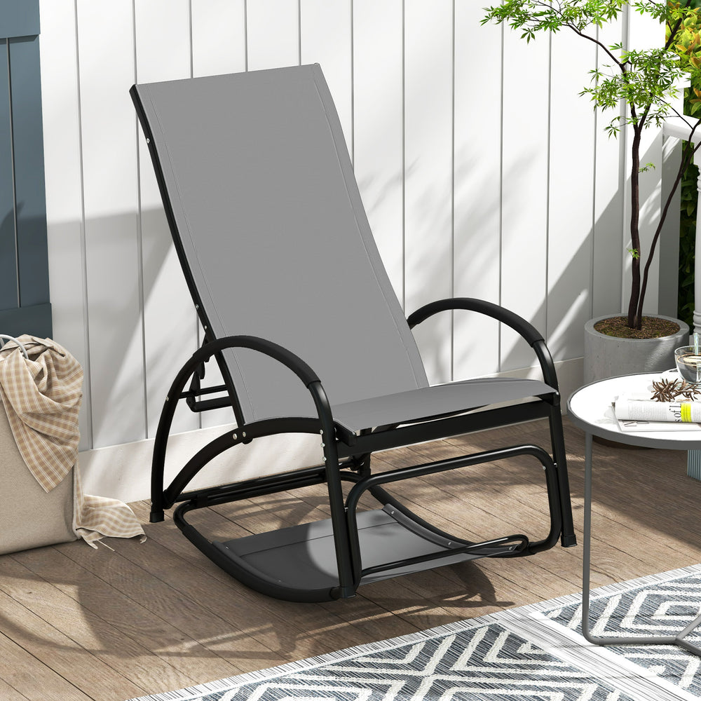 Gray 2-in-1 outdoor rocking chair showcasing a sleek design with curved armrests, perfect for yard or balcony comfort.